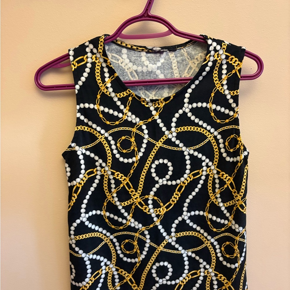 Black Sleeveless Top with Gold and White Chain Design- 100% cotton